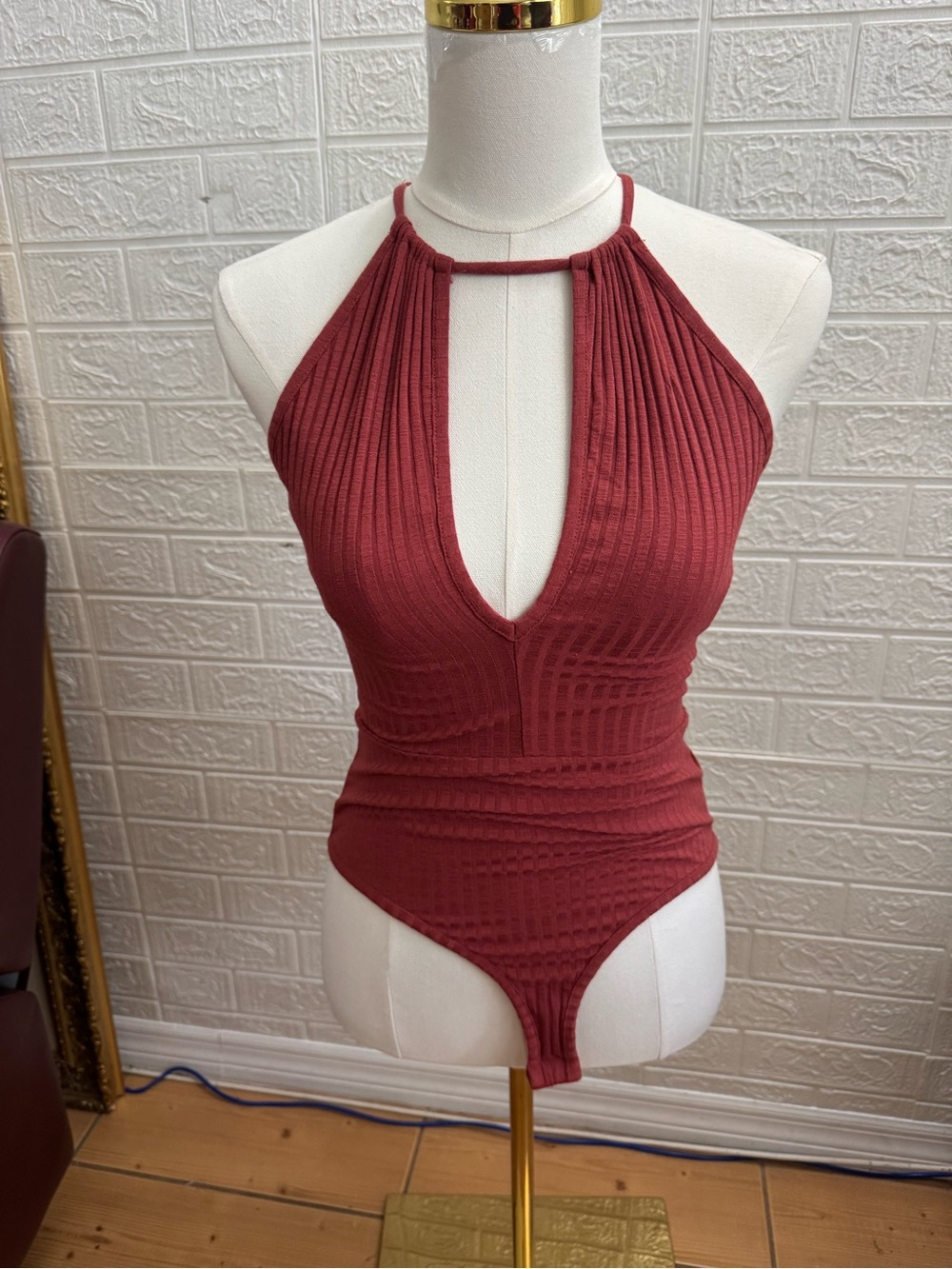 Forever 21 Ribbed Halter Bodysuit in Rust Red